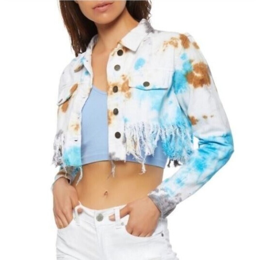 Taxi Blue Denim Jacket Tye Dye Distressed Fringe Cropped Jean Womens Size 2XL